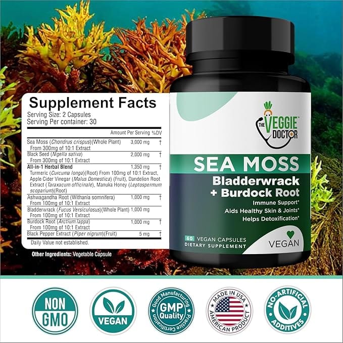 Sea Moss Capsules 9000mg with Black Seed Oil, Ashwagandha, Burdock Root &amp; Bladderwrack